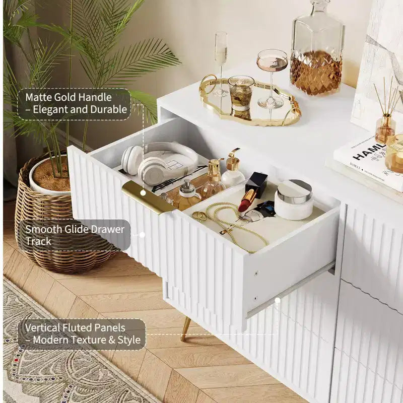 Commode cannelée pour chambre à coucher avec 6 tiroirs, commode moderne avec poignée métallique, meuble TV en bois, organisateur de rangement pour salon