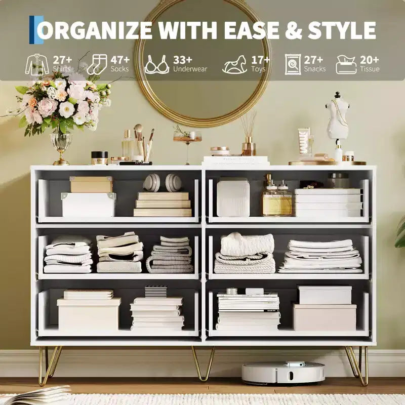 Commode cannelée pour chambre à coucher avec 6 tiroirs, commode moderne avec poignée métallique, meuble TV en bois, organisateur de rangement pour salon