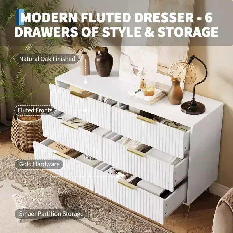 Commode cannelée pour chambre à coucher avec 6 tiroirs, commode moderne avec poignée métallique, meuble TV en bois, organisateur de rangement pour salon