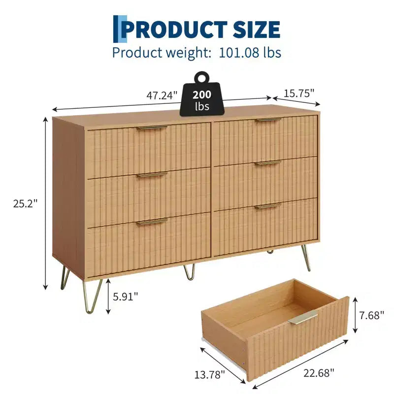 Commode cannelée pour chambre à coucher avec 6 tiroirs, commode moderne avec poignée métallique, meuble TV en bois, organisateur de rangement pour salon