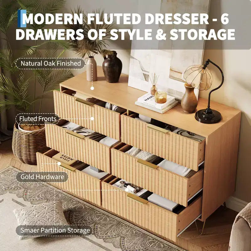 Commode cannelée pour chambre à coucher avec 6 tiroirs, commode moderne avec poignée métallique, meuble TV en bois, organisateur de rangement pour salon