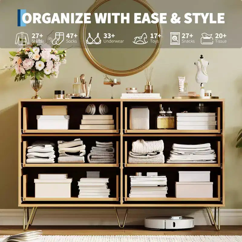 Commode cannelée pour chambre à coucher avec 6 tiroirs, commode moderne avec poignée métallique, meuble TV en bois, organisateur de rangement pour salon