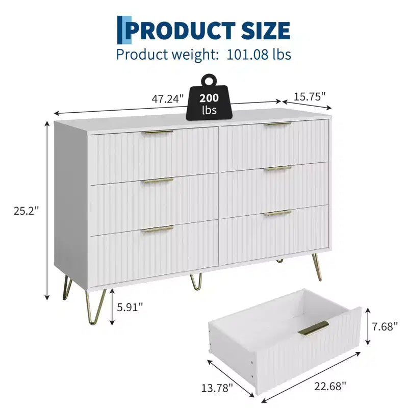Commode cannelée pour chambre à coucher avec 6 tiroirs, commode moderne avec poignée métallique, meuble TV en bois, organisateur de rangement pour salon