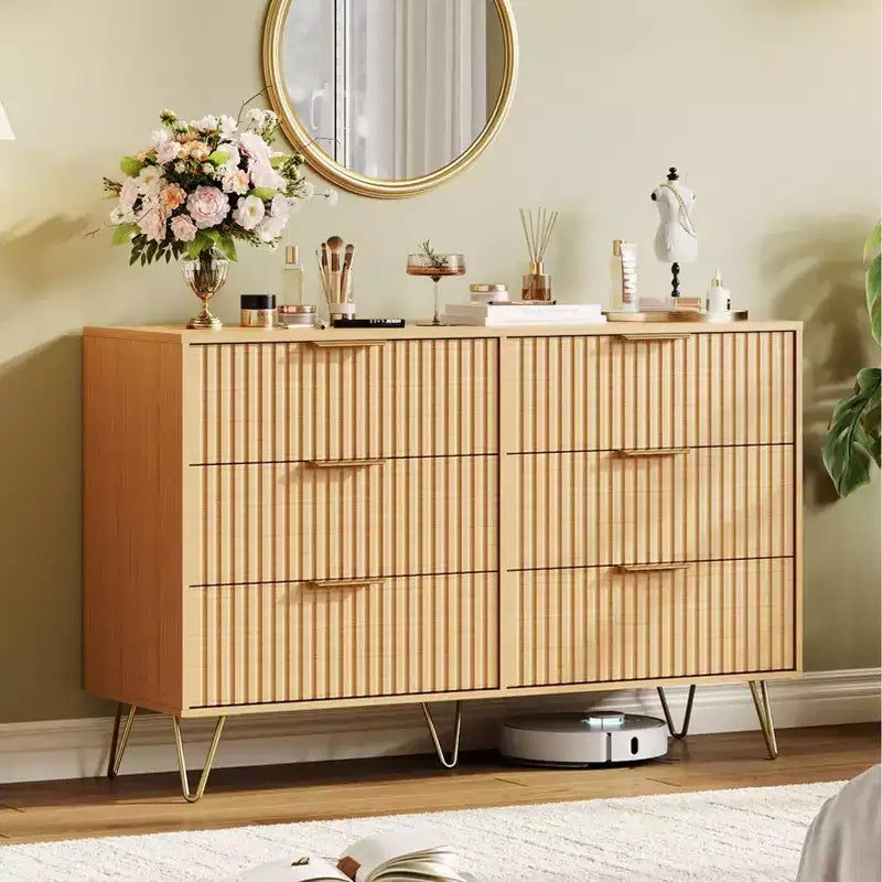 Fluted Dresser for Bedroom with 6 Drawers,Modern Chest of Drawers with Metal Handle,Wooden Dresser TV Stand, Storage Organizer for Living Room