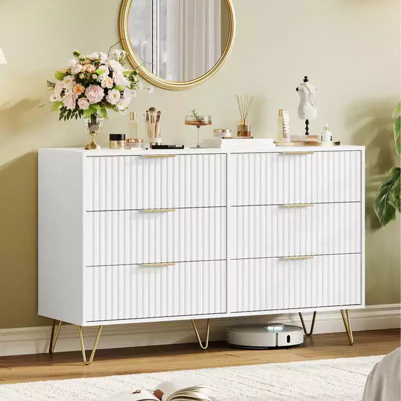Commode cannelée pour chambre à coucher avec 6 tiroirs, commode moderne avec poignée métallique, meuble TV en bois, organisateur de rangement pour salon