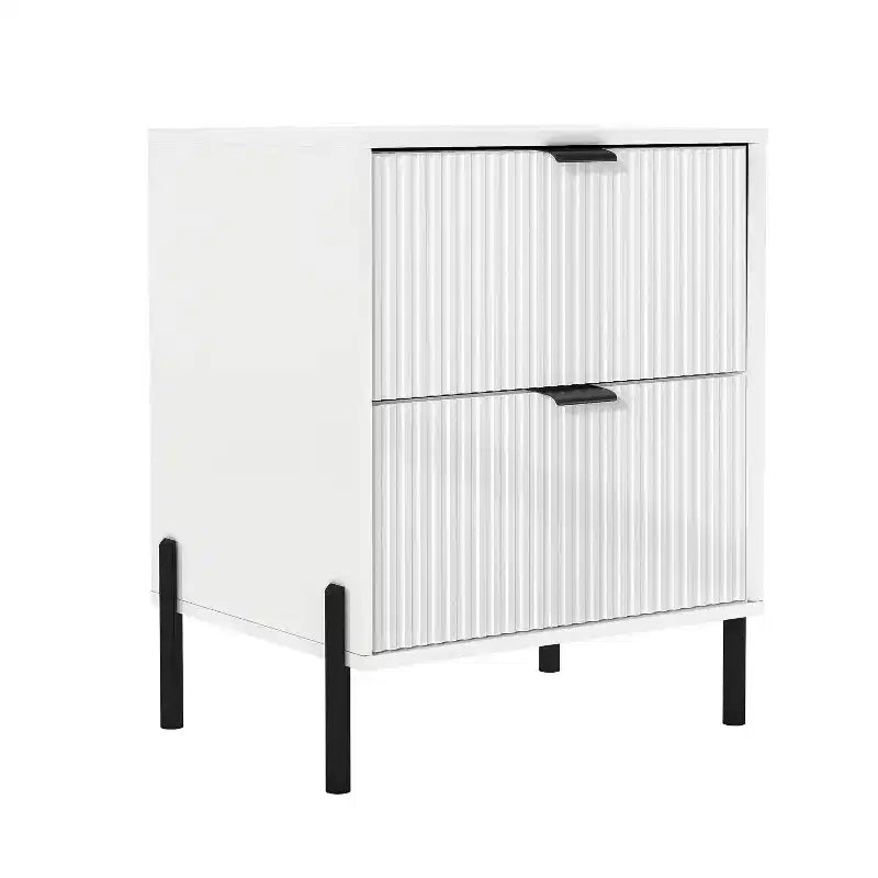 Table de chevet 2 tiroirs blanc cassé : Style scandinave, forme carrée moderne, construction en MDF